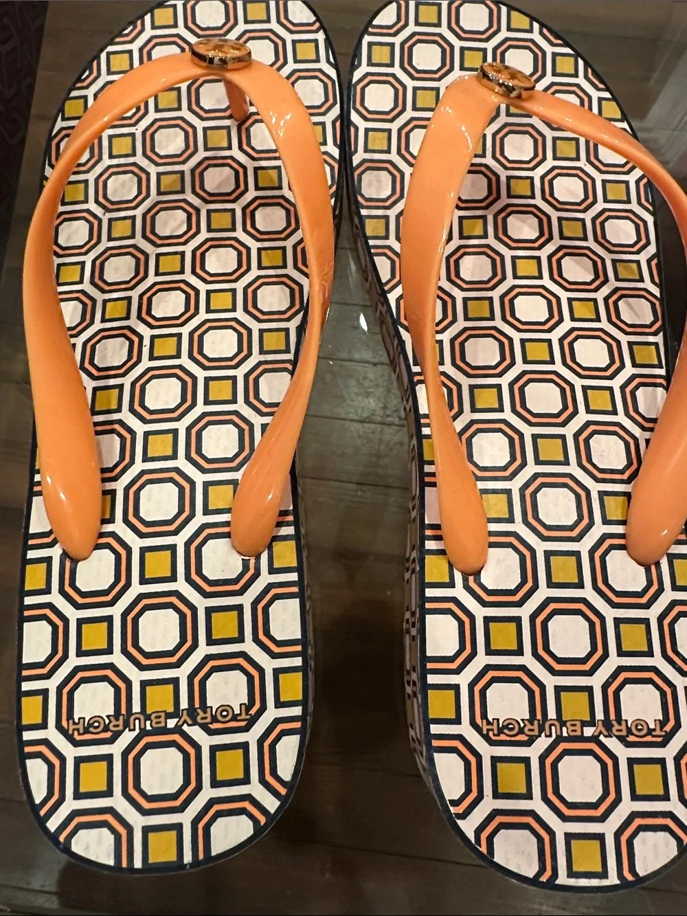 Tory Burch Orange Logo Flip Flop Sandals with Geometric Footbed
